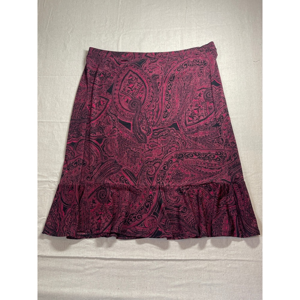 Jaclyn Smith Paisley‎ Print Ruffle Hem Midi Skirt L Pink Black Polyester Spandex